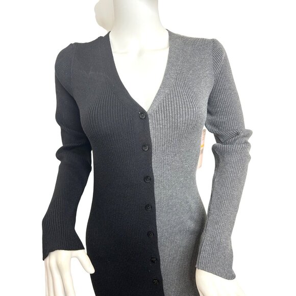 Nanette Lepore Sweater Dress S Black Grey Midi Ribbed Long Sleeve Button Down V- - Picture 2 of 14